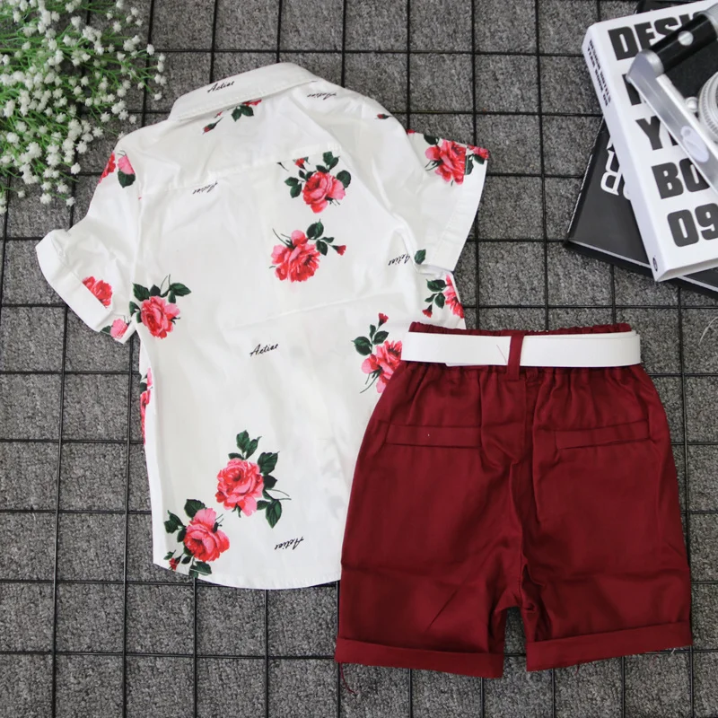 НОВЫЕ комплекты одежды для маленьких мальчиков летние рубашки с короткими рукавами и цветочным рисунком топ+ красные шорты комплект одежды из 2 предметов для мальчиков, Bebe Modis