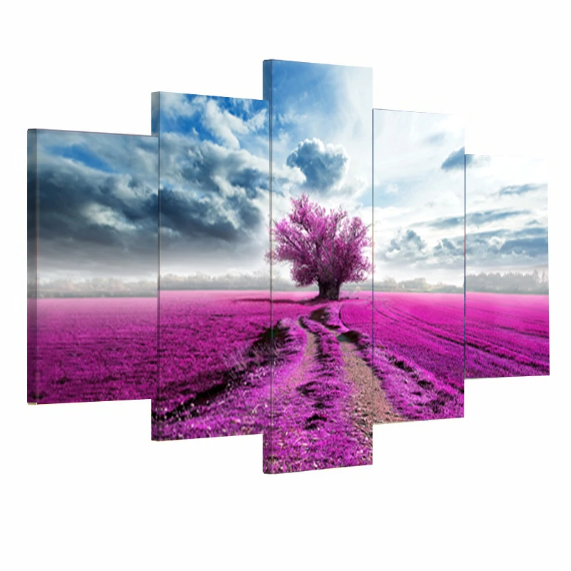 5 Panel Canvas Wall Art Purple Tree Painting Large Pictures Living Room
