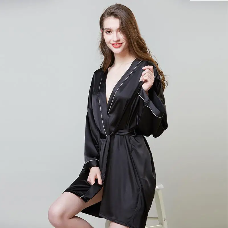 Повседневное женское кимоно из искусственного шелка, халат, ночное белье, новое летнее Женское ночное белье, домашняя сексуальная одежда мини-халат, пижама, пеньюар - Цвет: Черный