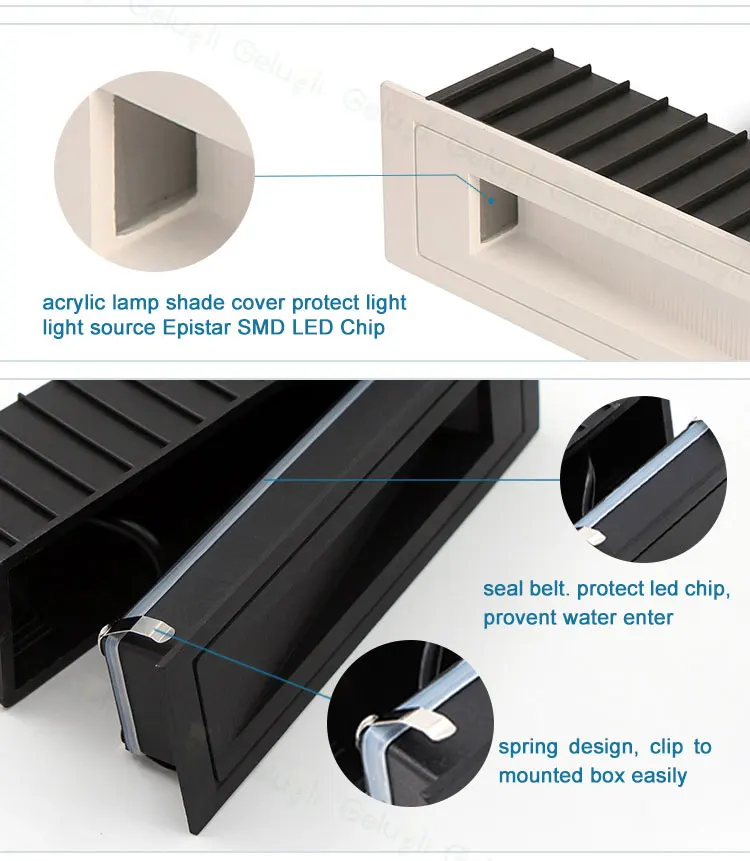 Светодиодный лестничный светильник, встраиваемый водонепроницаемый настенный ступенчатый светильник, включает в себя установленную коробку, черный и белый корпус