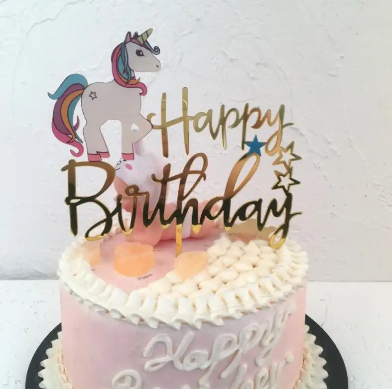 

Gold Unicorn Acrylic Cake Topper Flamingo Happy Birthday Cupcake Topper For Wedding Baby Shower Mermaid Party Cake Decorations