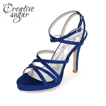

Creativesugar Glitter silver gold blue narrow bands woman sandal summer shoes ankle strap heels party cocktail prom dress shoes