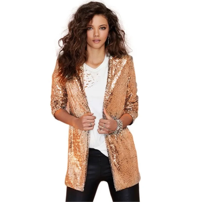2019 Women Sequins Jacket Fashion Party Blazer Club Wear Stage Suit Silver Black Gold Red Carpet Coat eDressU HX-0616