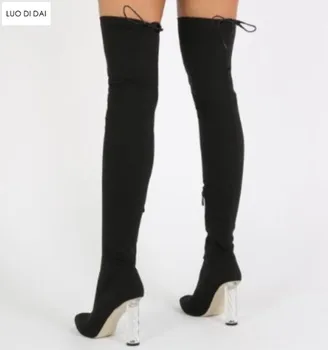 

2019 fashion women over knee high boots boots women pointed toe booties Stretch Fabric boots ladies crystal heel shoes