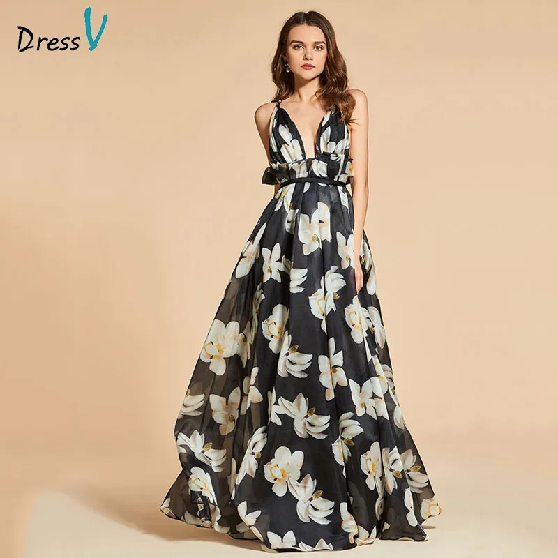 

Dressv printing evening dress a line elegant spaghetti straps floor-length wedding party formal dress evening dresses