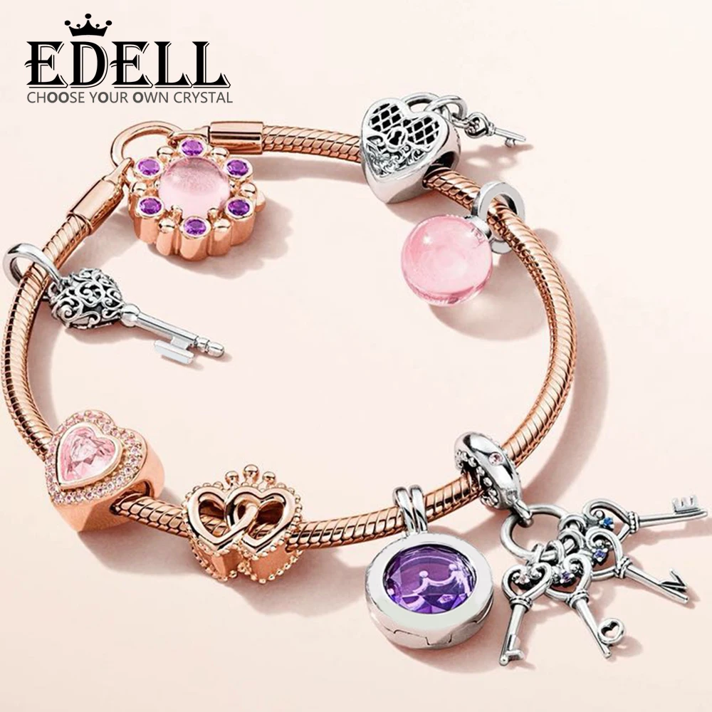 

EDELL 100% 925 Sterling Silver Heart Beaded Crown Key Hanging Charm Rose Gold Bracelet Gift Set Women Fashion Jewelry