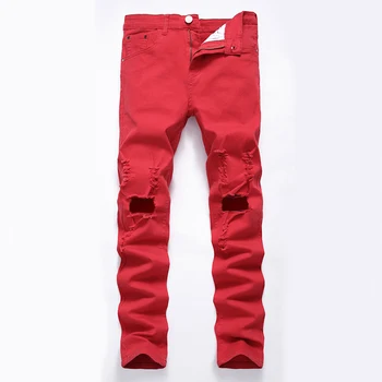 

HMILY Patchwork Jeans Men Ripped Jeans Fashion Brand Scratched Biker Jeans Hole Denim Straight Slim Fit Casual Red Pants