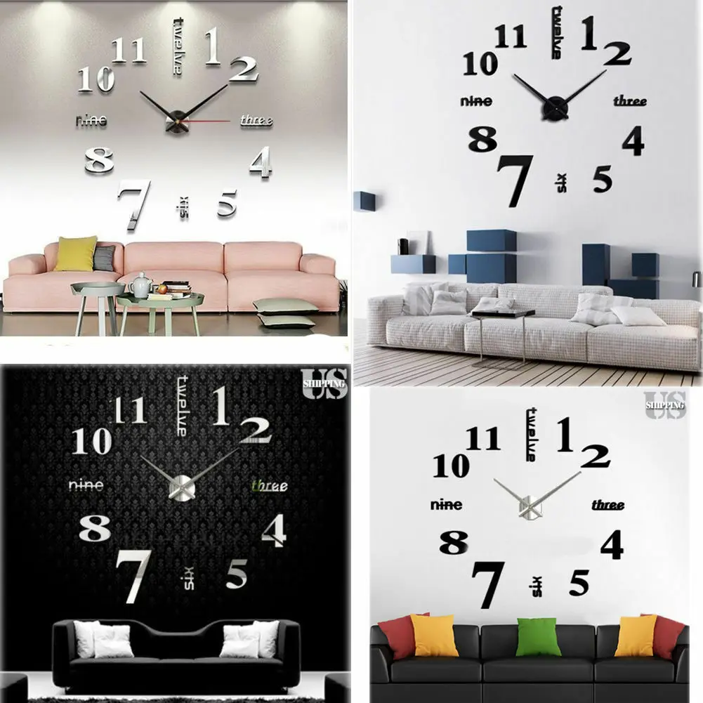 

Modern DIY Large Wall Clock 3D Mirror Surface Sticker Home Decor Art Design New Send In Random Color