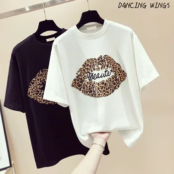 

Women Casual Summer Lips Leopard Print Top Round Neck Short-Sleeved Female Letter Embroidery T Shirt