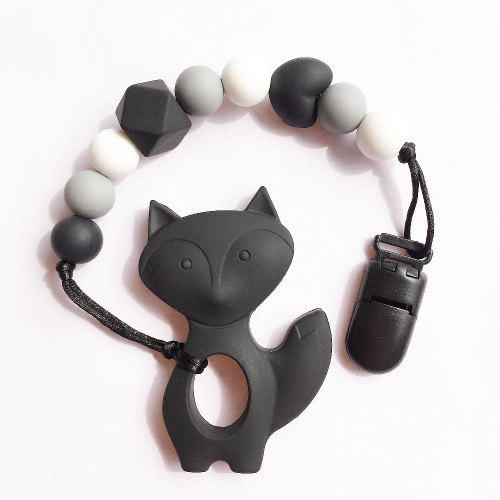 

bpa Silicone baby Teething pendant clips silicone Teething Pacifier Clip with fox pendant heart chew beads