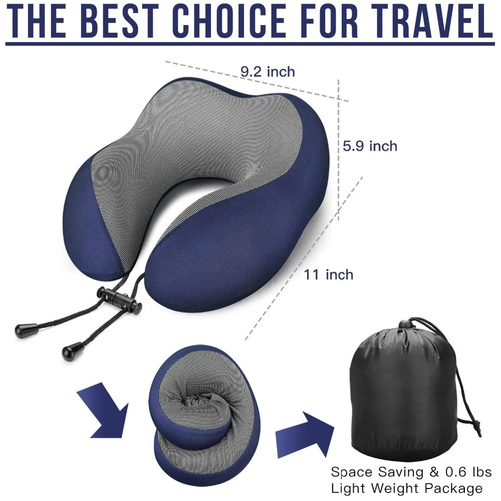 Travel Pillow 100% Pure Memory Foam Neck Pillow Comfortable & Breathable Cover Machine Washable, Airplane Travel Kit with 3D