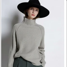 New women's sweater high collar solid color thick sweater loose pullover sweater knit bottoming shirt color block mixed knit pullover sweater