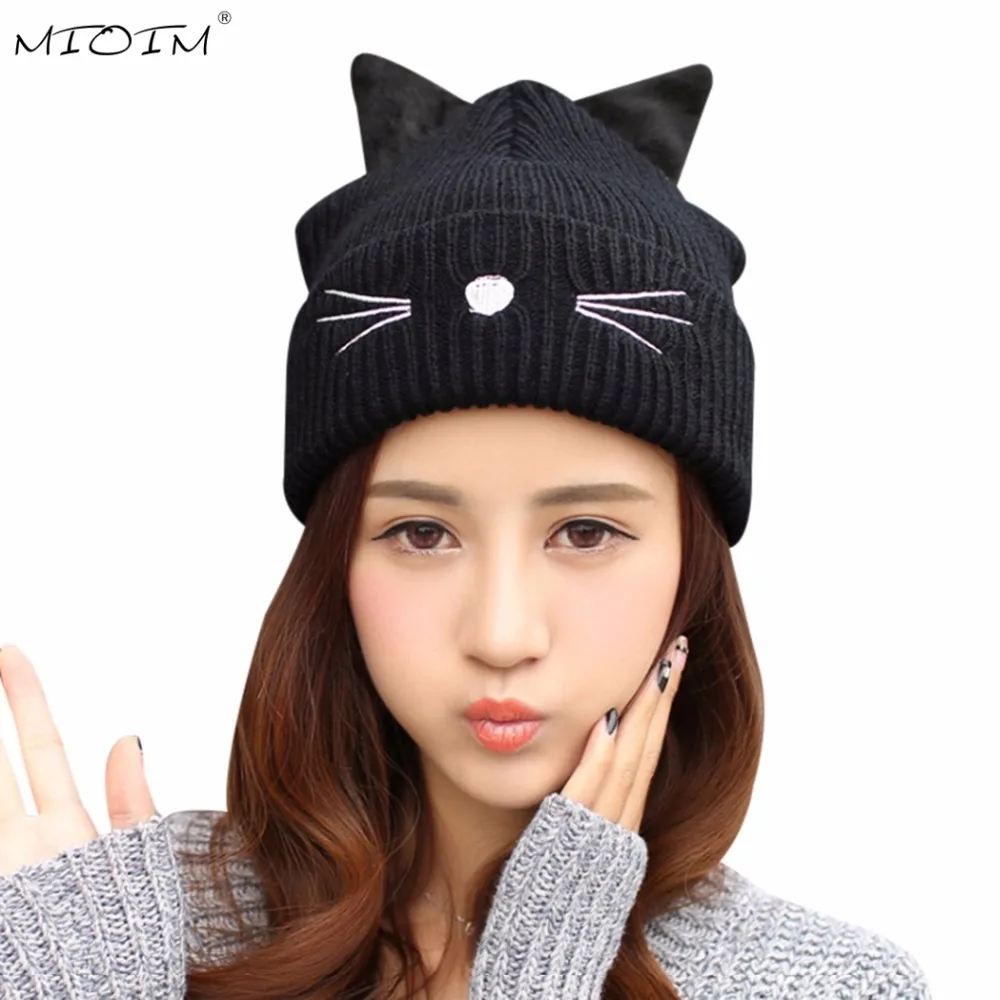 MIOIM 2017 Winter Cat Ear Knit Hat Women Thick 2 layers Warm Casual Womens Beanies Girls Cute