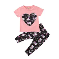 Летние комплекты одежды для новорожденных девочек Футболка с принтом комплекты одежды; Топы + штаны Одежда для малышей Комплект От 0 до 4 лет