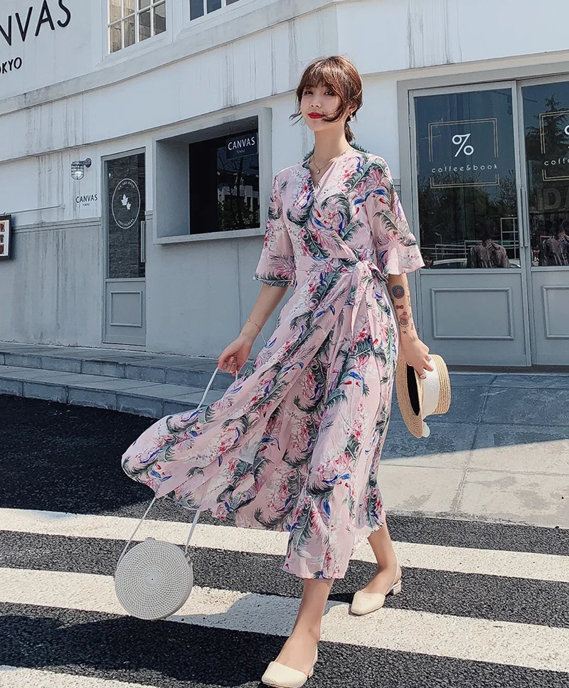 Liser женское платье Макси ожерелье Calaite Boho цветы летняя одежда с принтом длинное шифоновое Повседневное платье Цветочные платья для женщин