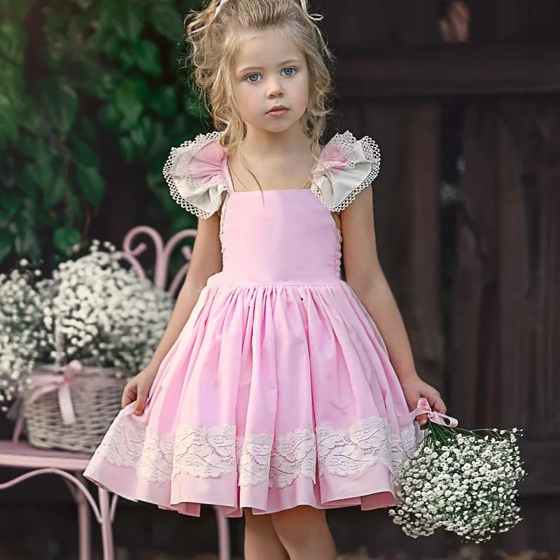 

Embroidery Floral Fly Petal Sleeve Girls Pink Dress Quality Cotton Kids Clothing