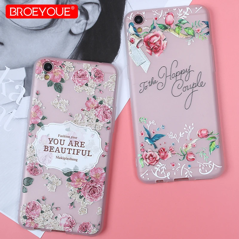 BROEYOUE Colorful Floral Soft Case For OPPO R9 R9S Plus R11S 3D Relief TPU Silicone A59 A59S F1S A57 A39 | Мобильные телефоны и
