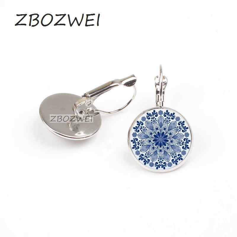 

2018 Charm Blue Mandala Flower Earrings Henna Pendant Earring Yoga Om Symbol Zen Buddhism Crystal Glass Earrings For Jewellery