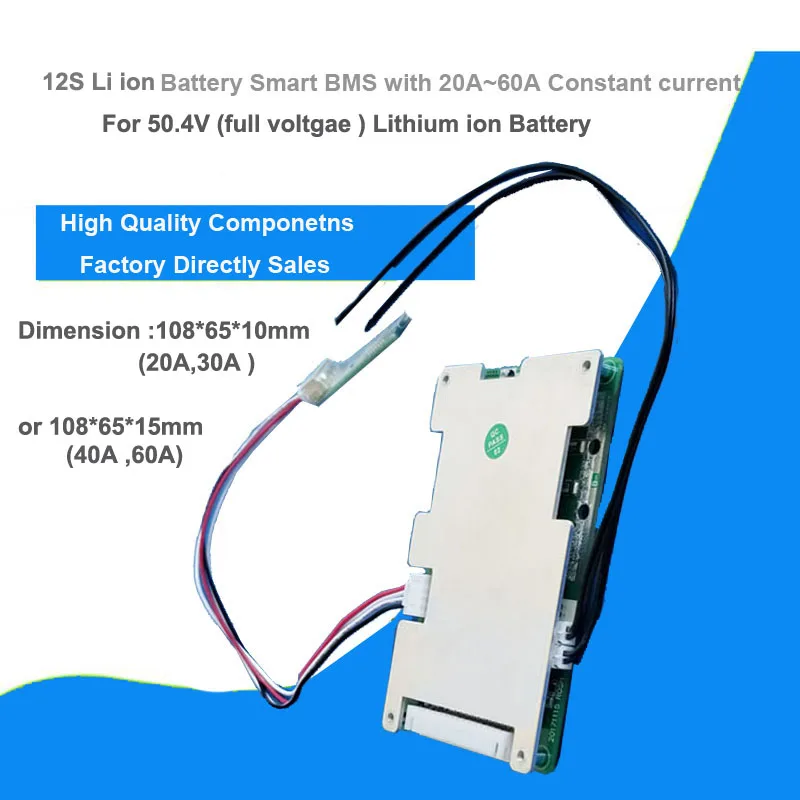 

12S 50.4V Li ion Smart Bluetooth BMS with 20A to 60A constant current for Lithim polymer or 18650 Battery Pack for e-bike PCB