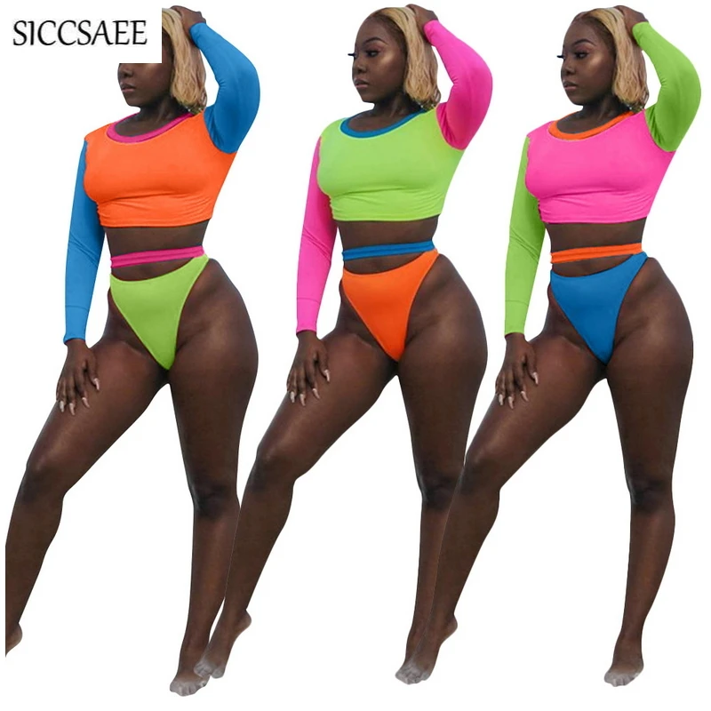 

Fluorescence color Contrast Color Patchwork Bodycon Bodysuit Sexy Club Wear Matching Sets Plus Size Clothing XXXL Two Pieces
