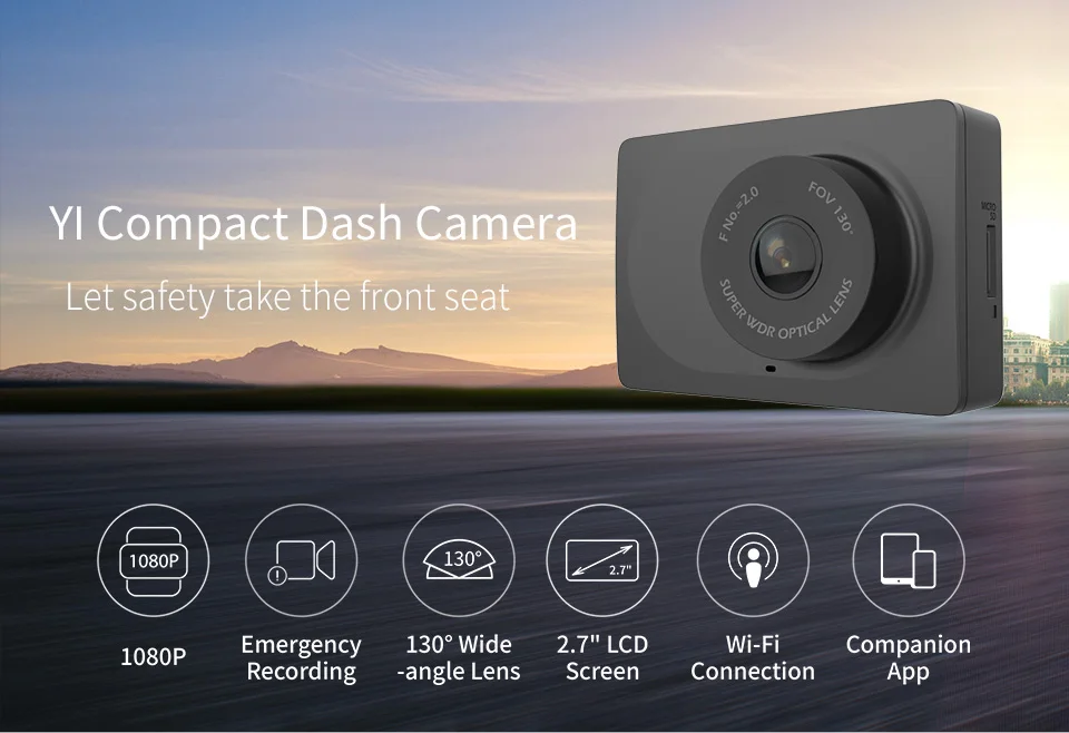 Автомобильный видеорегистратор YI Compact Dash Camera 1080P FHD Wi-Fi Разрешение 2.7K Широкий угол обзора 130° g-Сенсор Ночное видение