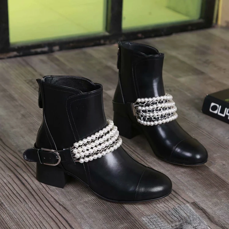 Cadena Martin Zapatos Shown Británica Motocicleta As Moda De Mujer Impermeable Tobillo 41 Negro Genuino Cuero Botas Perla Y 2018 H81FfF