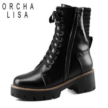 

ORCHA LISA Cool Motorcycle boots black Genuine Leather Fashion Women's Boots Lace-up platform boots Zipper Ankle Boots block