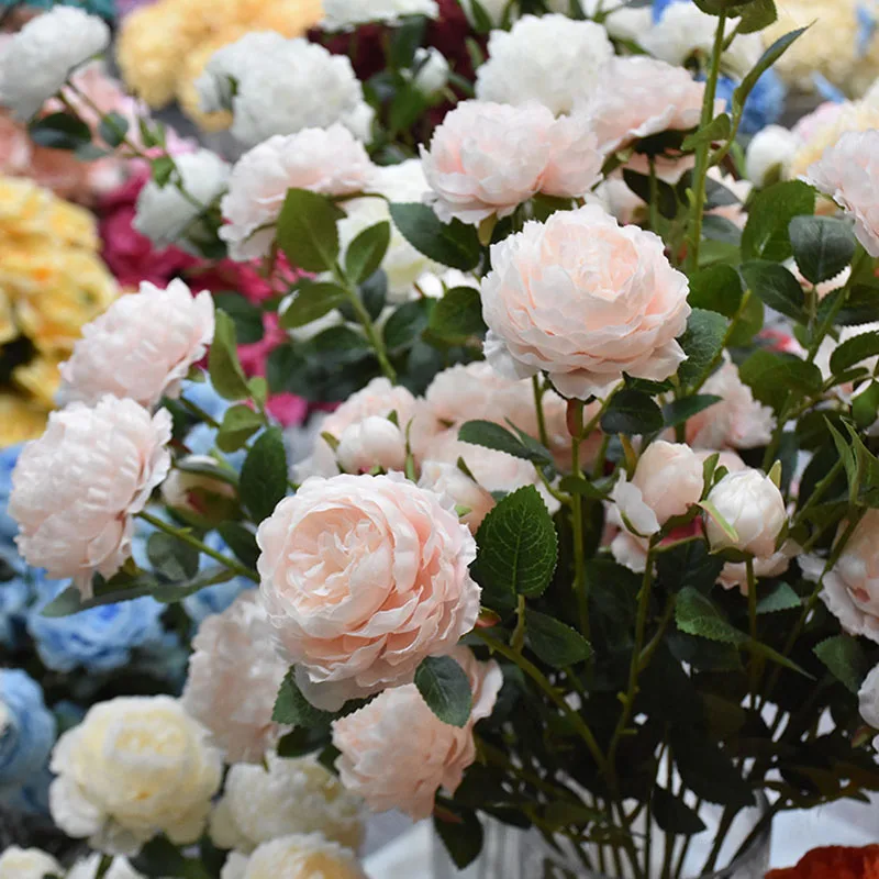

New European Style Artificial Peony 3 Heads Home Silk Flower Wedding Party Flower Foreign Rose Decorative Flower 5 or 10pcs/lot