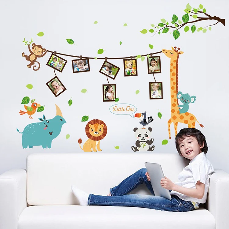  Cartoon animal photo frame large wall stickers animals decals kids room decor bedroom kindergarten  - 32820333388