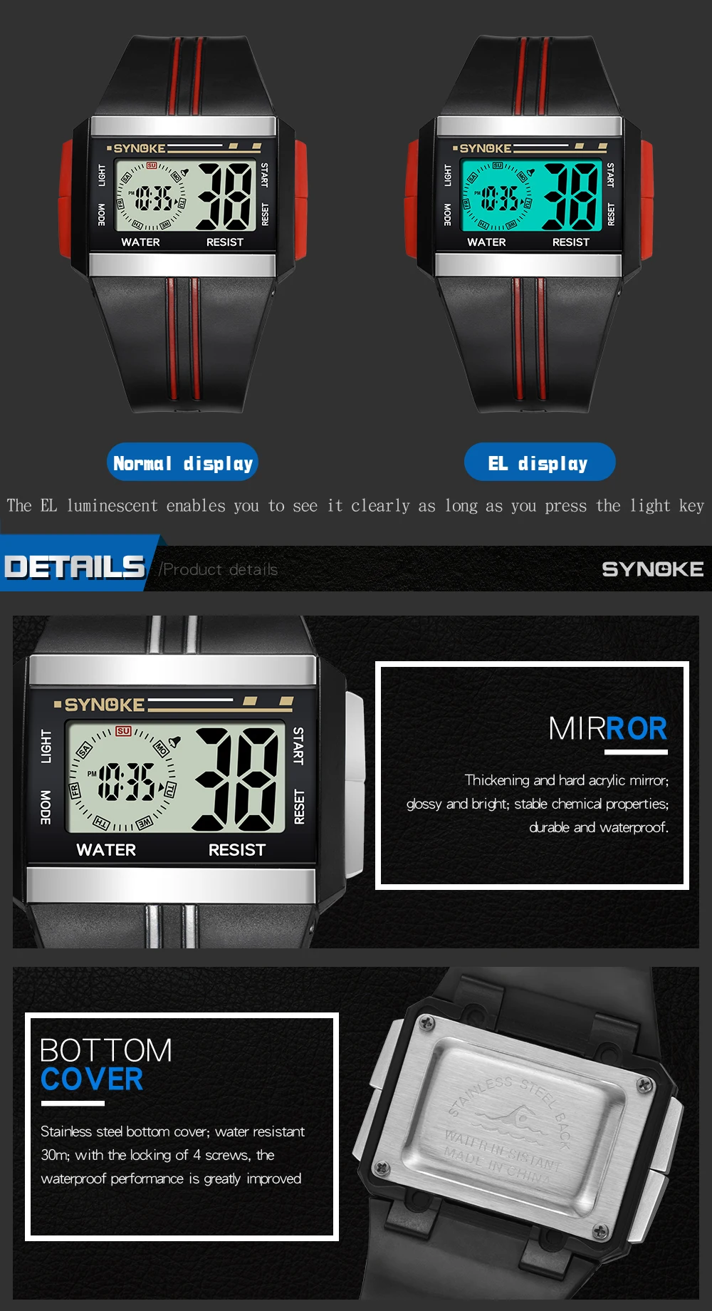 Men Sports Watch Digital Alarm Chrono 3Bar Waterproof Watches Back Light Square Fashion Women Auto Week LCD Clock Female Gifts