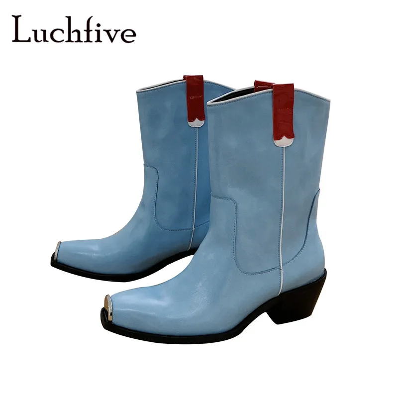 

Metal square toe genuine leather short boots woman chunky heels slip on female shoes blue white winter ankle boots women