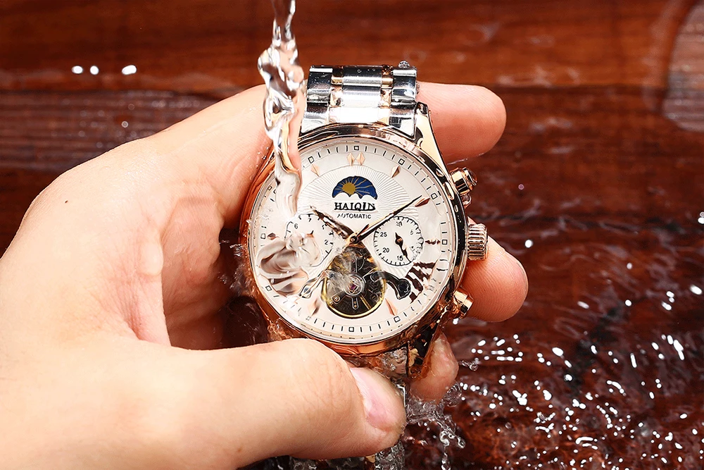 HAIQIN простые мужские часы автоматические механические Роскошные брендовые деловые часы черные кожаные спортивные водонепроницаемые мужские наручные часы Relogio