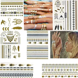 Новинка 2019, 6 шт., модные Временные татуировки, наклейки, сексуальные, водонепроницаемые, золотые, металлические наклейки, товары для боди-арта - изображение