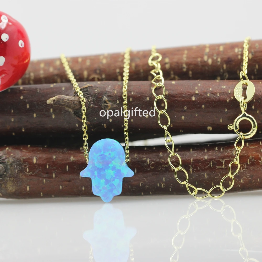 

(1pc/lot)High Quality 11x13mm Synthetic Hamsa Opal Necklace Light Blue OP06 Hand Opal Gold Color O Chain Jewelry For Women Gift