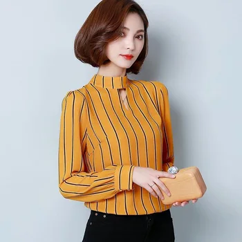 

2017 Korean Style Elegant Women Blouse Stripe Print Stand Collar Long Sleeve Loose Office Lady Workwear chemisier femme