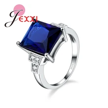 JEXXI Luxury Princess Cut Blue CZ Crystal Engagement Rings Fashion Bridal Jewelry 925 Sterling Silver Women Wedding Rings Band
