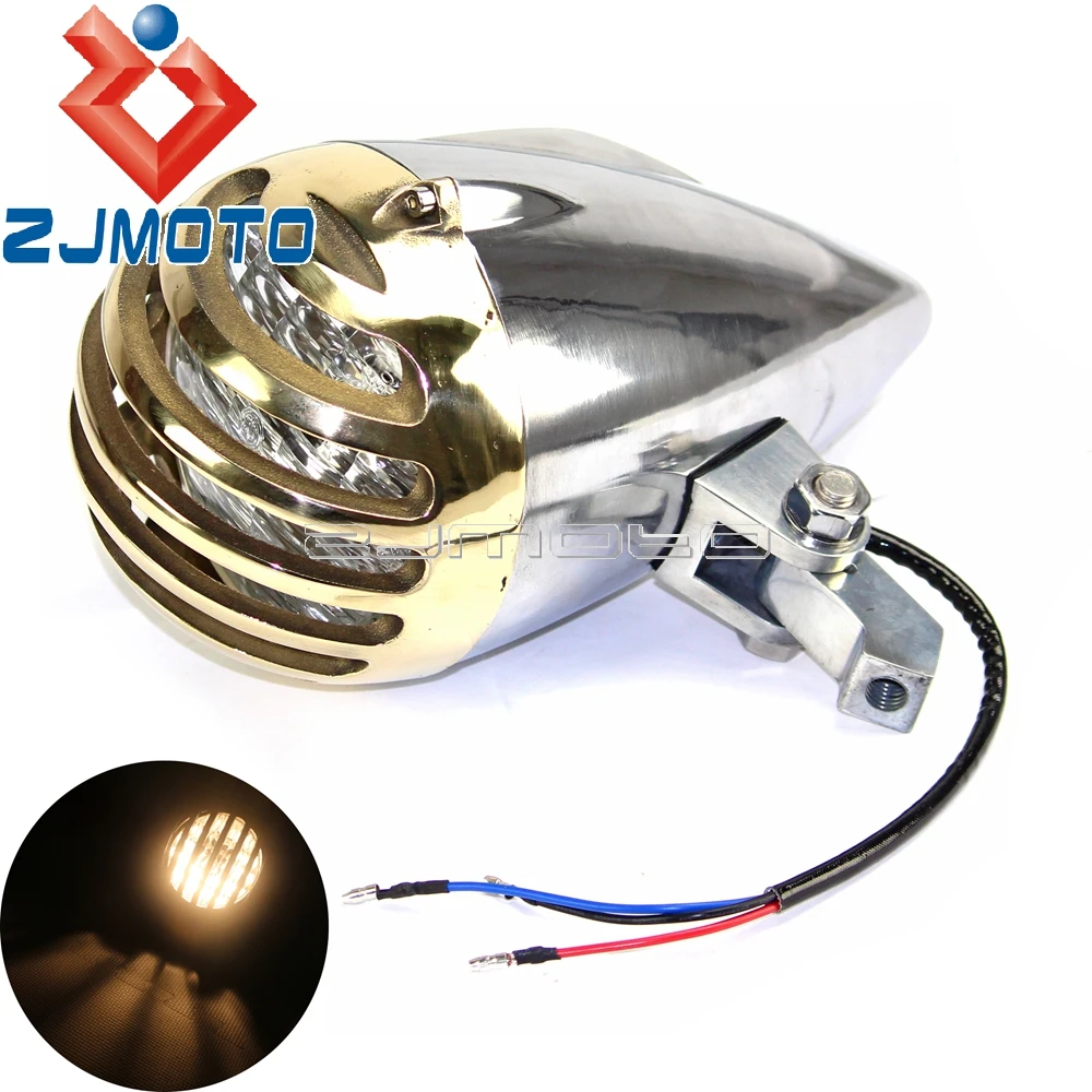 E mark Polished Brass Headlamp Motorcycle Bullet Headlight H4 Grill