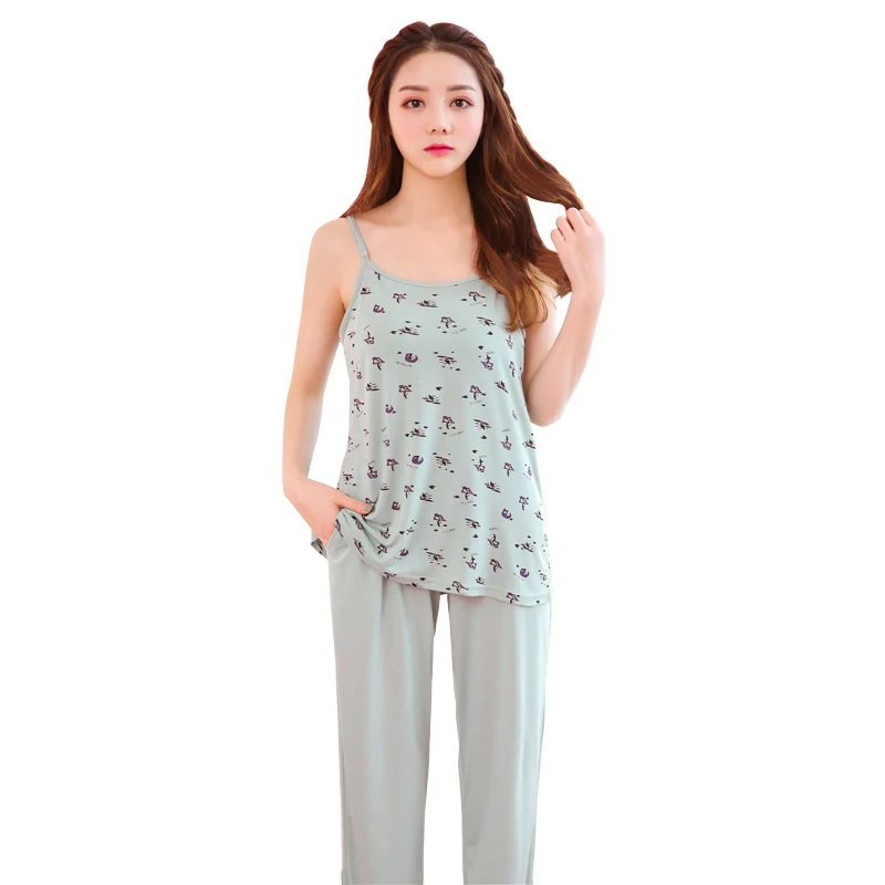 New Summer Modal Women Sling Pajamas Set Cartoon Casual Sleeveless Top