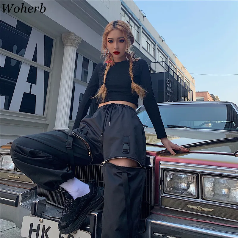 Woherb, женские уличные брюки-карго в стиле хип-хоп, винтажные прямые штаны для бега в стиле Харадзюку, крутые свободные штаны для девочек, с завязками на талии, 22664