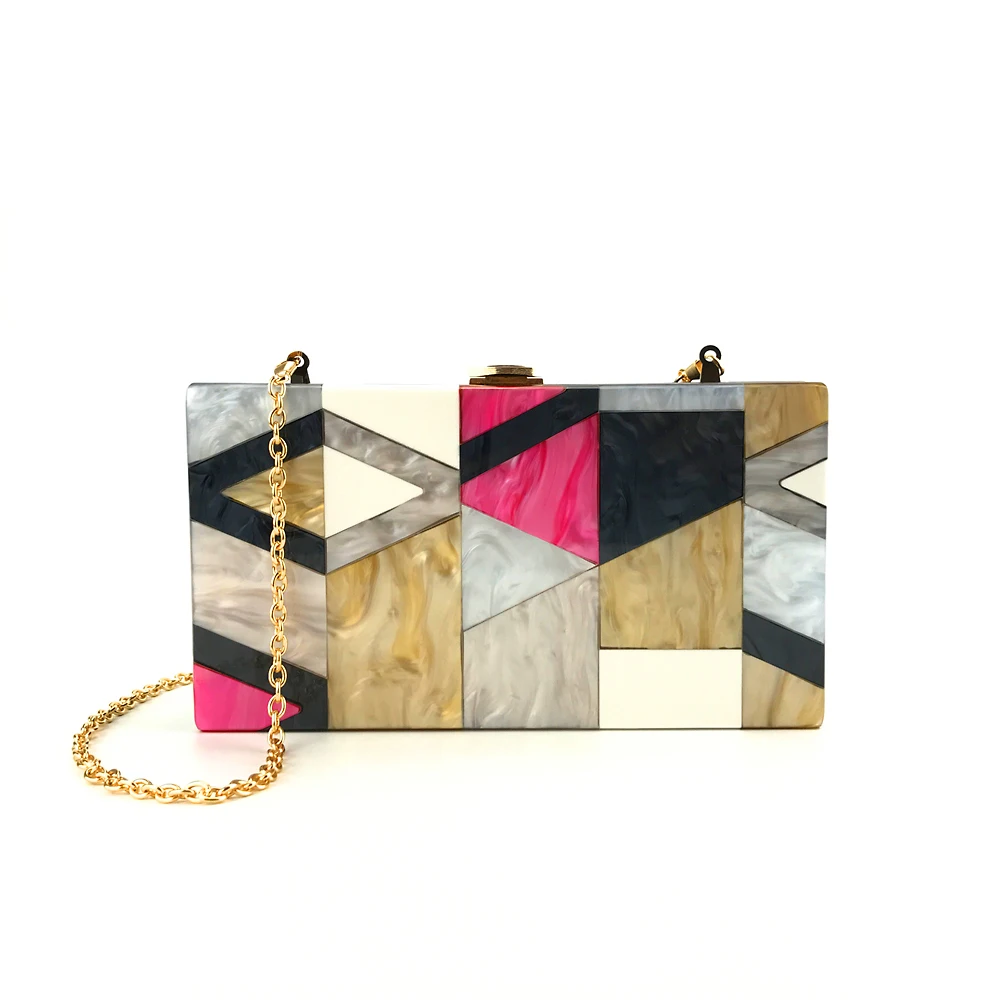 Luxy Moon Geometric Pattern Color Block Clutch with Chain Front View