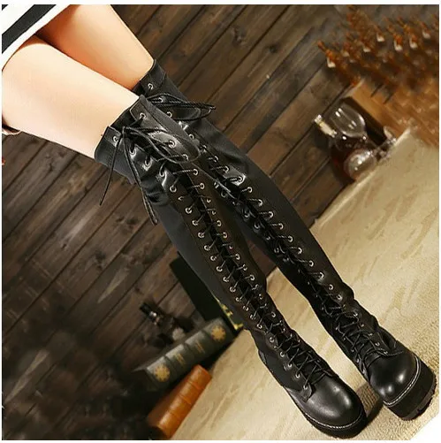 Women Black Military Lace Up Thigh High Boot Over Knee Platform Creepers Oxfords