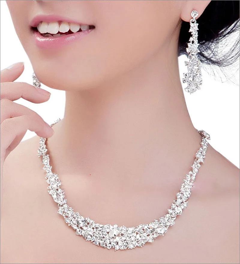 TREAZY Tassel Crystal Bridal Wedding Jewelry Sets for Women Silver Color Choker Necklace Earrings Set Wedding Party Jewelry bridal jewelry sets crystal jewelry sets