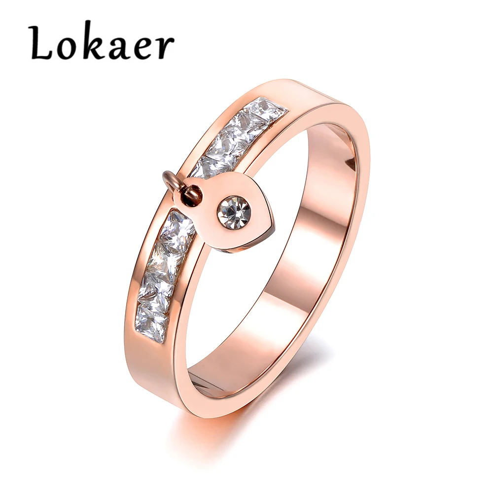

Lokaer Stainless Steel Ring Rose Gold Color AAA Zircon Shinning Rhinestone Hang Heart For Christmas Gift Girl Women R18142