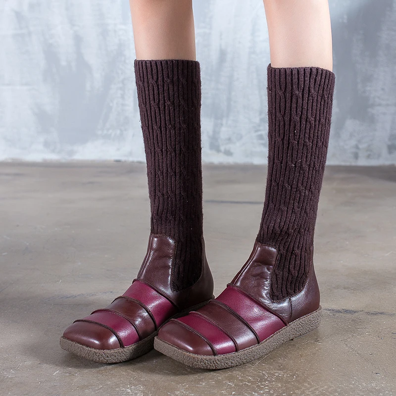 

Vintage Stripe Boots Shoes Woman New Design Winter Plush Boots Female Natural Leather Knitting Square Heel Shoes