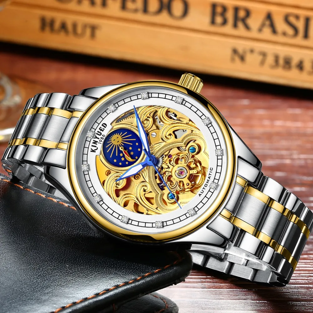 

KINYUED Fashion Mens Mechanical Watch Brand Automatic Waterproof Skeleton Watches Men Gold Moon Phase Diamond reloj hombre 2019