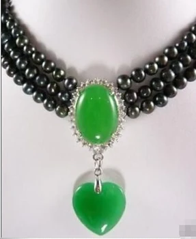 

3 rows 7-8mm black pearl necklace green jade pendant
