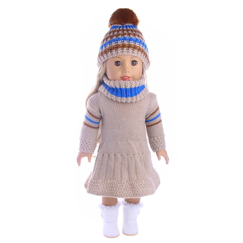 Одежда для кукол, 4 шт., свитер+ вязаная шапка и плюшевые сапоги для 18 дюймов, американская кукла и 43 см, кукла для рождения, для поколения, для девочки, на Рождество