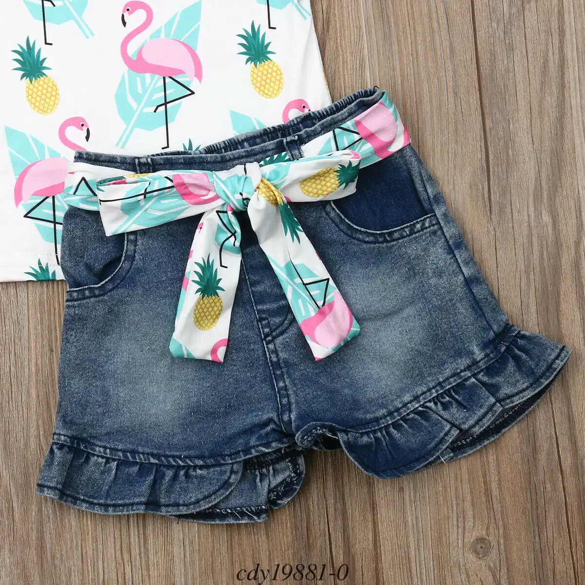 Cartoon Cat Print Denim Strap Skirt Two-Piece Suit Toddler Kids Girls Letter Tops