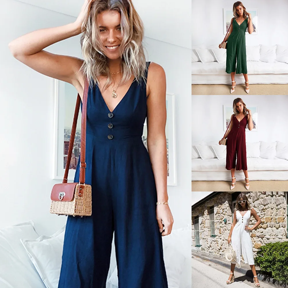 

Solid color sling casual jumpsuit 2019 new fashion women's romper loose open back split casual sling wide leg jumpsuit