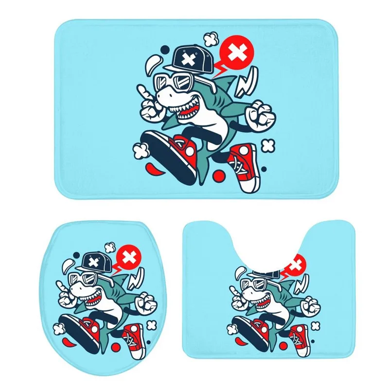 

3Pcs Toilet Seat Cushion Suit Cartoon Shark 3D Printing Doormat Anti-Slip Suction Grip Bath Mat Bathroom Kitchen Washroom Carpet